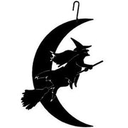 Silhouette Witch Moon Hanging Decor in matte black finish, ideal for autumn decorations in home or garden, measures 11" W x 16.75" H.