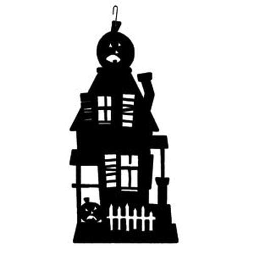 Black Haunted House Hanging Silhouette - Decoration | 7x17 Inches with eerie windows and pumpkin detail, perfect for seasonal home and garden décor.