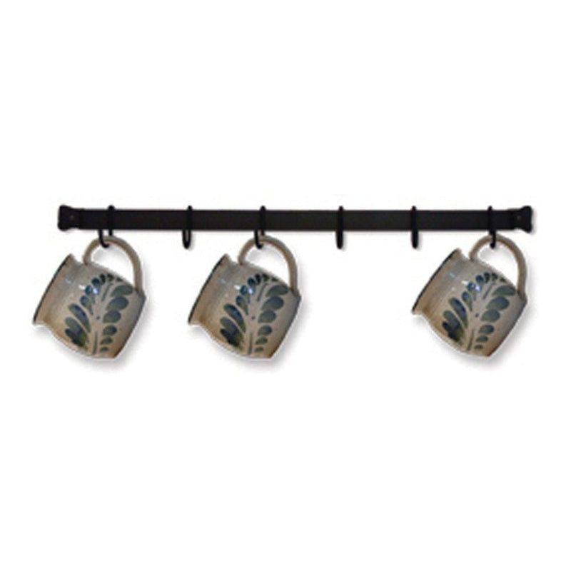 Cup or Utensil Rack 24 Inches Long Comes With 6 Movable Hooks, ideal for hanging mugs or kitchen tools in home kitchens. Durable black metal design fits kitchen organizers category.