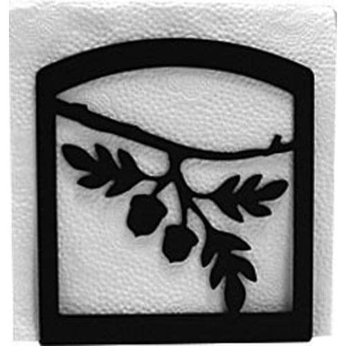 Wooden Acorn Napkin Holder with rustic black silhouette of acorns and oak leaves. Ideal for organizing napkins in kitchen or dining area.