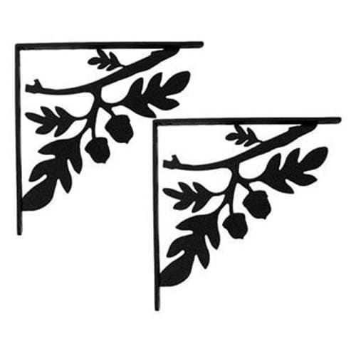 Pair of Small Acorn shelf brackets featuring black metal oak leaf and acorn cutouts, ideal for decorative and durable shelf reinforcement.