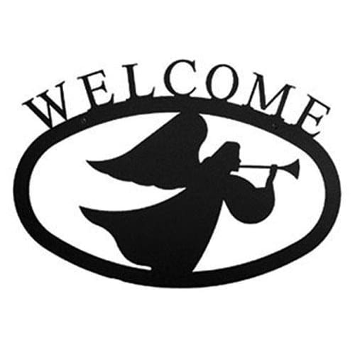 Large Angel Sign in black metal with trumpet-blowing angel design and bold 'WELCOME' text. Perfect wall décor for outdoor or Christmas settings.