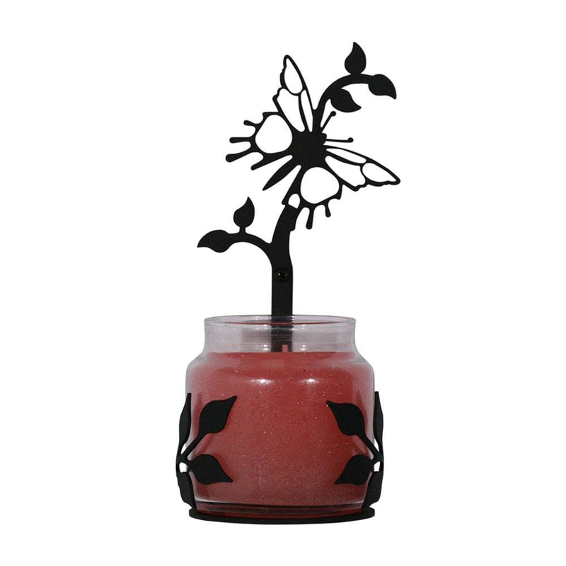 Butterfly Large Jar Sconce candle holder with black metal butterfly and leaf design, holding a red jar candle for home fragrance decor.