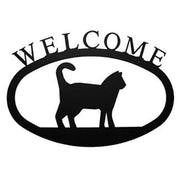 Large Cat Welcome Sign in black metal with bold 'WELCOME' lettering and cat silhouette, perfect for home or garden decorative plaques.