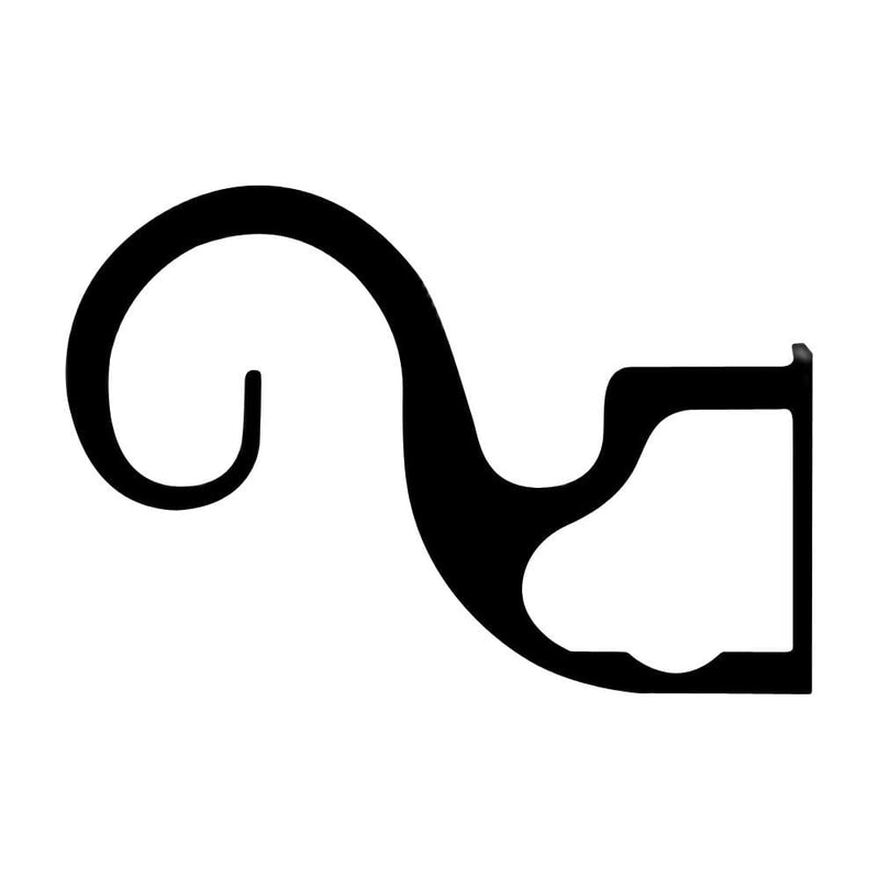 Center Support Bracket for two or three 3/4 inch rods in black metal with decorative scroll design. Ideal for curtain rod stability and style.