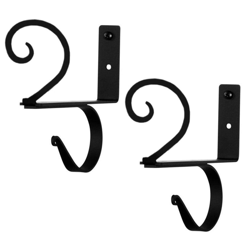 Scroll Curtain Shelf Brackets (pair) in black metal with decorative scroll design, ideal for supporting curtain rods in home window treatments.