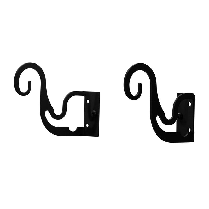Decorative black curtain brackets for two or three 1/2 inch rods, ideal for layered window treatments in home decor settings.