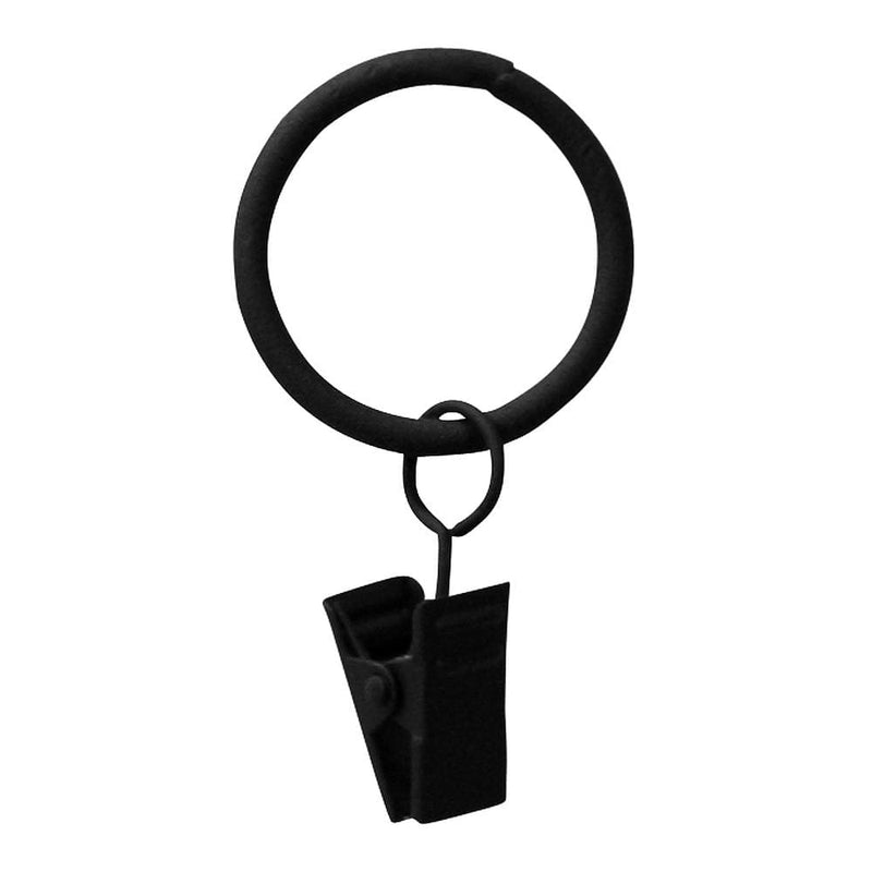 Curtain Rings Clip On Style (7 pack) in matte black finish, ideal for hanging curtain swags in modern home decor. Durable metal clip with circular ring.