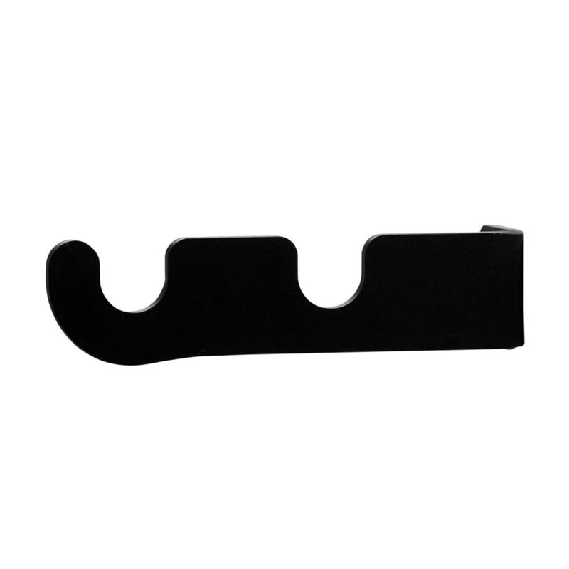 Black center support bracket designed to hold two 1/2 inch curtain rods securely. Ideal for window treatments in home and garden decor.