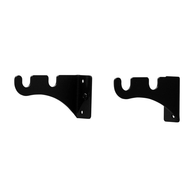 Curtain Brackets For Two 1/2 Inch Rods in black metal, shown as a pair for wall mounting. Ideal for dual curtain rod installations.