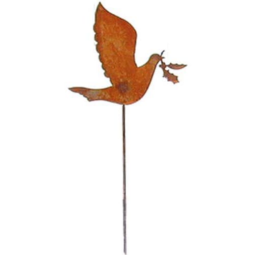 Rust-finished dove garden stake holding a holly sprig, perfect for rustic outdoor decor and seasonal garden accents.