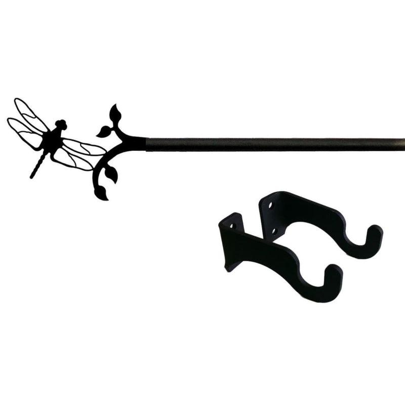 Dragonfly Curtain Rod SM with decorative dragonfly finial and included mounting hardware. Extends up to 35 inches for window treatments.