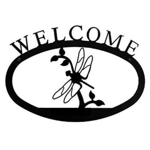 Decorative Dragonfly Welcome Sign Large in black metal, measuring 17.5x12.5 inches, perfect for outdoor or indoor home and garden entrances.