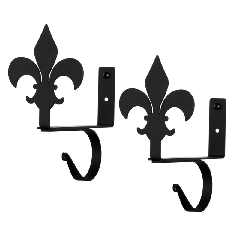 Pair of black Fleur de lis curtain shelf brackets with decorative French-style design. Ideal for supporting curtain rods in home decor settings.