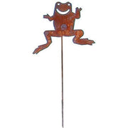 Rust-colored Garden Frog Stake - Decor | Metal Ornament for Outdoors with a smiling frog design, perfect for adding charm to lawns or flower beds.
