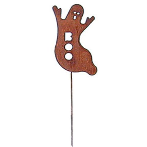 Close-up of rusted ghost garden stake featuring a spooky 'BOO' design, perfect for autumn and rustic lawn ornaments.
