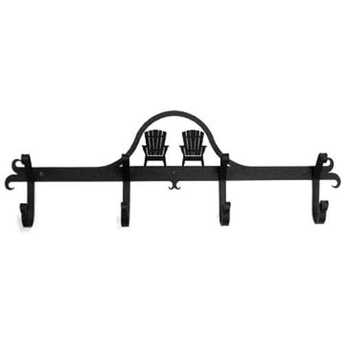 Black metal Adirondack Coat Bar featuring five hooks and a charming Adirondack chair motif, perfect for entryways or mudrooms.