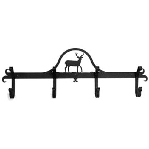 Black metal Deer Coat Bar featuring four hooks and a central deer design, perfect for hanging coats or towels in home and garden spaces.