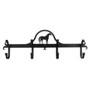 Black metal Standing Horse Coat Bar featuring a horse design and five sturdy hooks, perfect for hanging towels or coats in home and garden spaces.