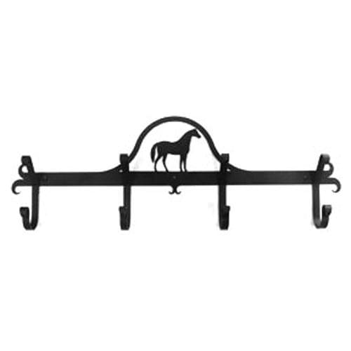 Black metal Standing Horse Coat Bar featuring a horse design and five sturdy hooks, perfect for hanging towels or coats in home and garden spaces.