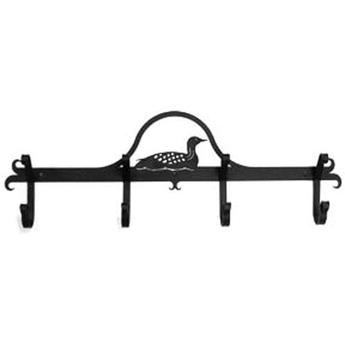 Black metal Loon Coat Bar featuring a loon cutout and 5 sturdy hooks, perfect for entryway or mudroom organization.