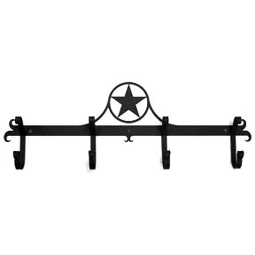 Black Western Star Coat Bar featuring a central star emblem and five sturdy hooks, perfect for hanging towels or coats in western-themed interiors.