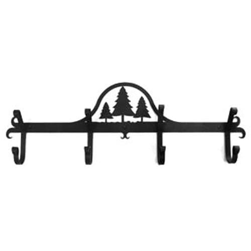 Wrought iron Pine Trees Coat Bar featuring a forest silhouette and five sturdy hooks, perfect for home and garden wall organization.