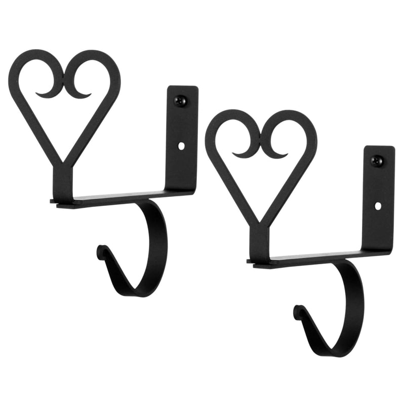 Pair of Heart Curtain Shelf Brackets in black metal with decorative heart design, ideal for supporting curtain rods in home decor settings.