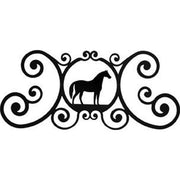 Elegant Horse Door Plaque for home decor, showcasing a central horse figure surrounded by symmetrical scrollwork in a sleek black finish.