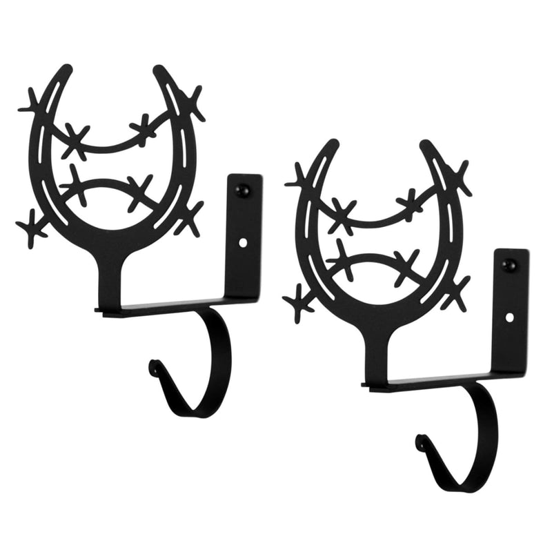 Pair of black horseshoe curtain shelf brackets with western barbed wire design, ideal for rustic home decor and curtain rod support.