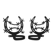 Western-style horseshoe curtain tie backs with barbed wire motif, crafted from durable metal for home and garden window treatments.