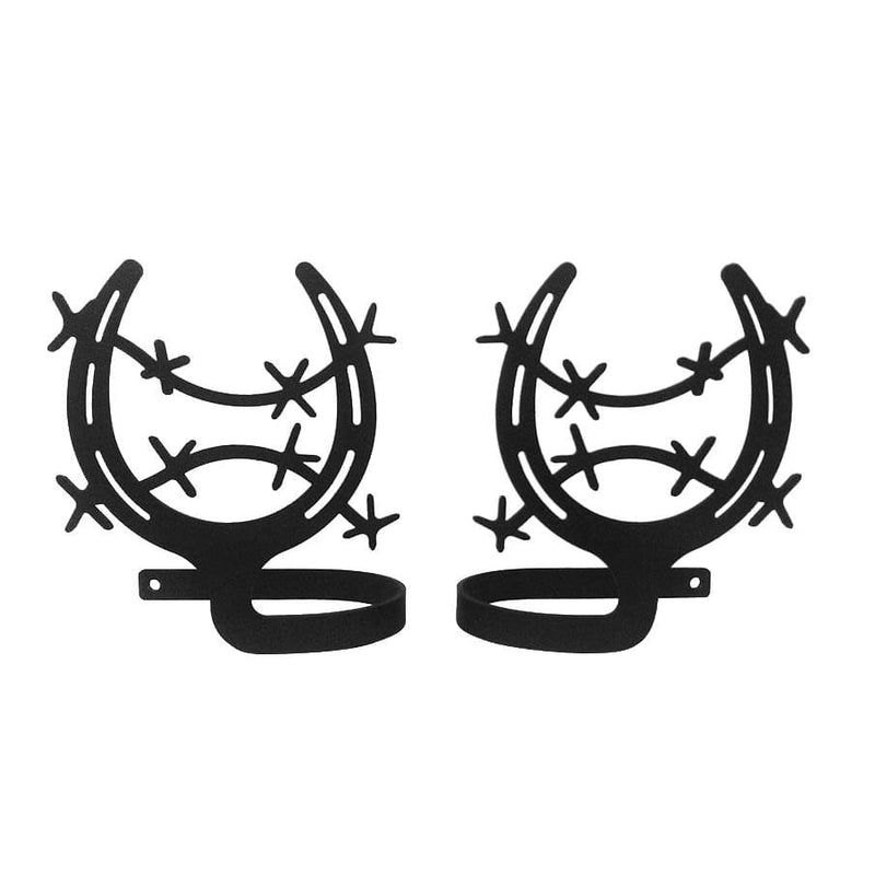 Western-style horseshoe curtain tie backs with barbed wire motif, crafted from durable metal for home and garden window treatments.