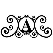 Decorative House Plaque Letter A in black scrollwork style, ideal for outdoor or indoor wall decor, measuring 24x11x3/64 inches.