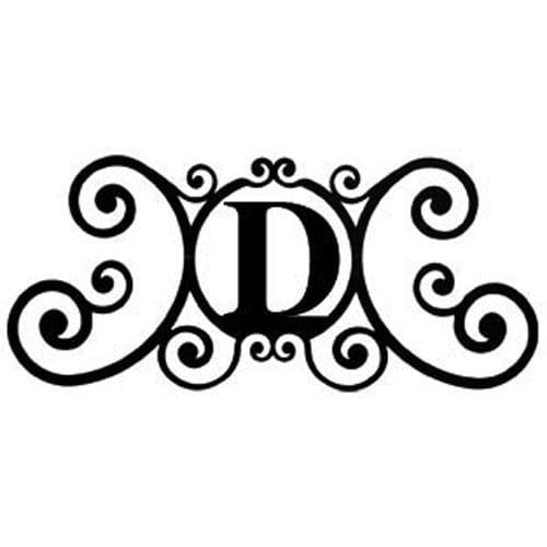 Decorative House Plaque Letter D Sign in black metal with intricate scrollwork, 24x11 inches, perfect for enhancing curb appeal.