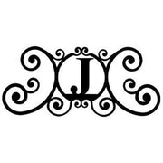 Decorative custom house plaque featuring the letter J in black metal with elegant scrollwork, perfect for home and garden wall decor.