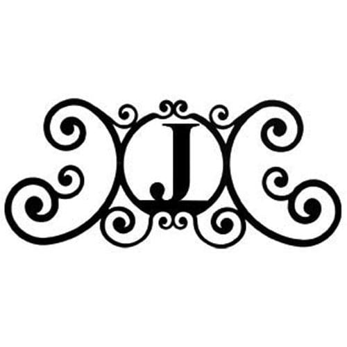 Decorative custom house plaque featuring the letter J in black metal with elegant scrollwork, perfect for home and garden wall decor.