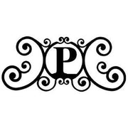 Decorative Letter P house plaque featuring elegant scrollwork, perfect for enhancing home exteriors, 24x11x3/64 inches.