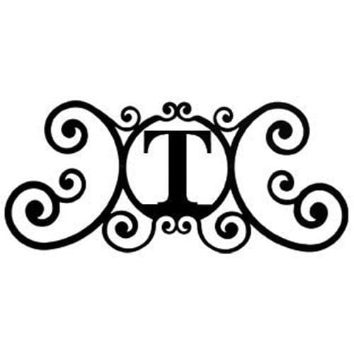 Decorative House Plaque featuring Letter T in ornate scroll design, perfect for customizing walls or outdoor spaces, 24x11x0.046 inches.