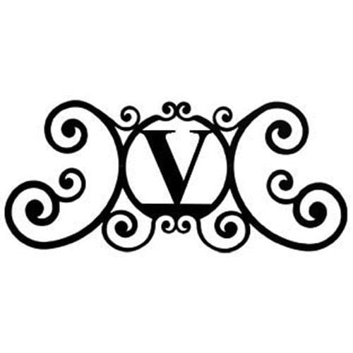 Stylish House Letter V Sign in ornate black metal, ideal for outdoor decorative use. Measures 24 inches wide by 11 inches high.