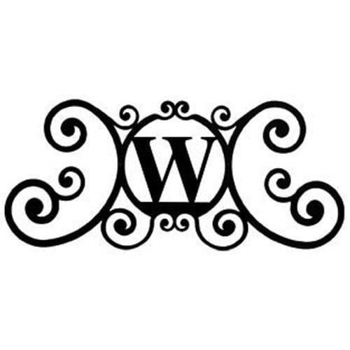 Decorative black metal custom house plaque featuring the letter W with intricate scrollwork, perfect for enhancing home exteriors with elegance.