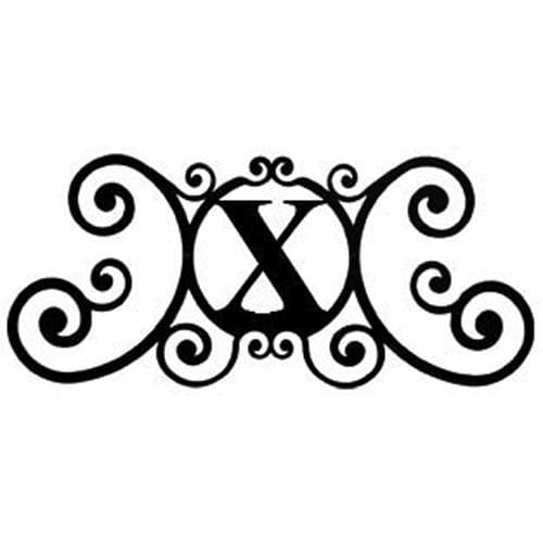 Decorative House Plaque X in 24x11 inches with elegant swirls and central 'X' letter, perfect for personalizing home and garden spaces.
