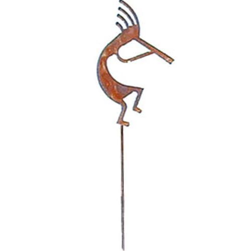 Close-up of Kokopelli rusted metal garden stake featuring tribal design, perfect for enhancing garden aesthetics.