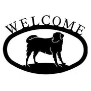 Silhouette-style large dog welcome sign featuring bold 'WELCOME' text, perfect decorative plaque for pet-friendly outdoor or indoor spaces.