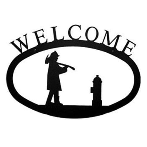 Fireman welcome sign in oval shape, featuring cutout firefighter and hydrant design, ideal for outdoor or indoor home decoration.