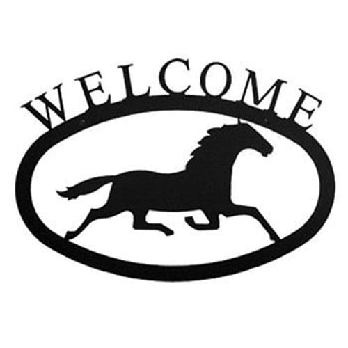 Black metal horse welcome sign featuring a galloping horse silhouette. Decorative plaque for rustic or equestrian-themed home and garden décor.