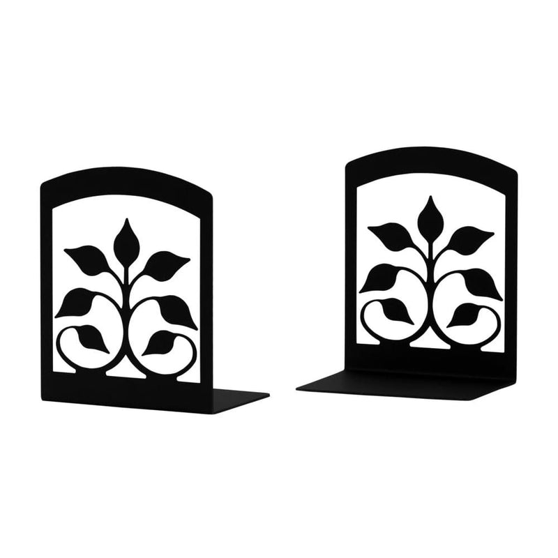 Leaf Fan Book Ends (pair) featuring black metal construction with decorative leaf cutout design, ideal for home or office book organization.