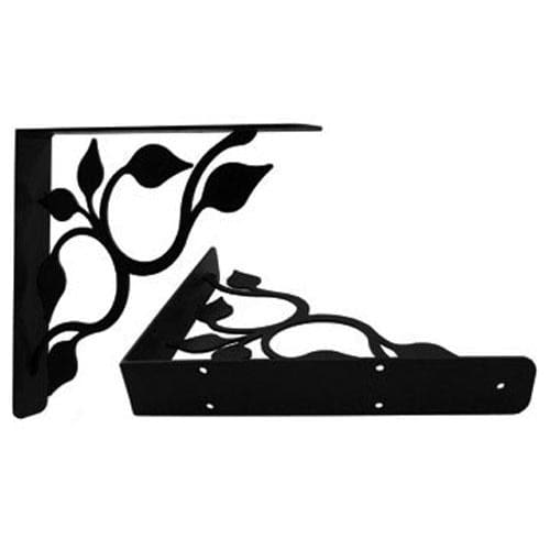 Black Leaf Fan Shelf Brackets - Large Pair, ornate metal design for sturdy shelf support, perfect for stylish home hardware upgrades.