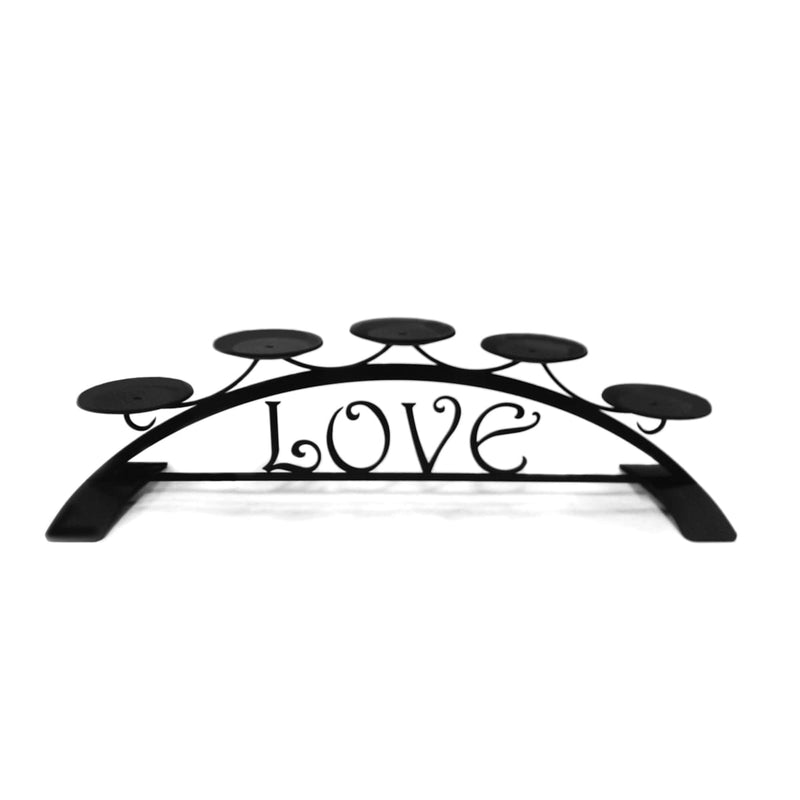 Black metal Love Table Top Pillar Candle Holder with five round platforms and decorative LOVE text, ideal for home decor and gifting.