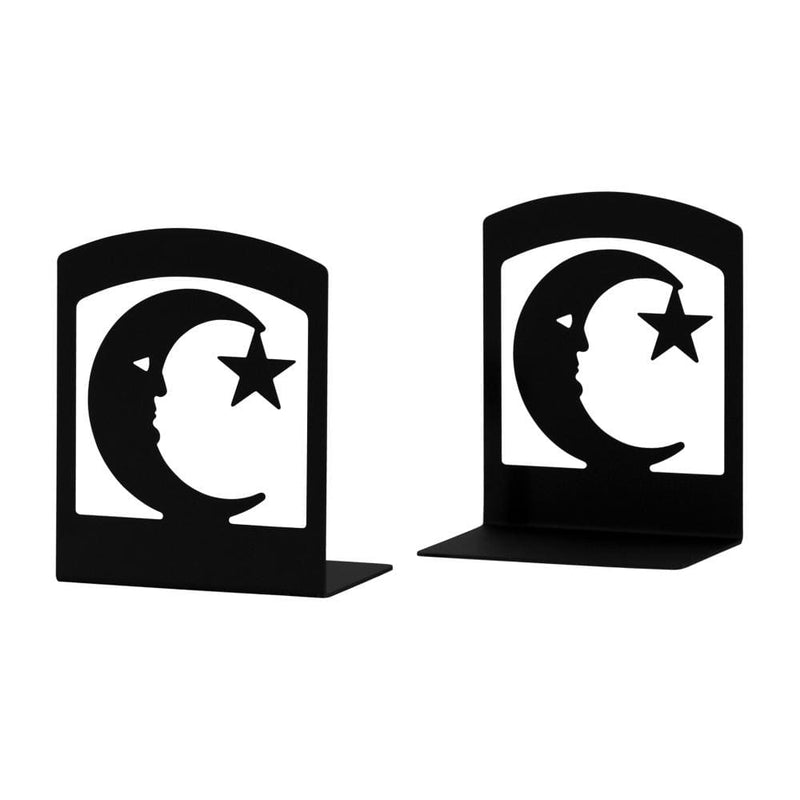 Moon & Star Book Ends (pair) featuring black metal silhouettes of a crescent moon with a star, ideal for autumn decorations or home-office decor.