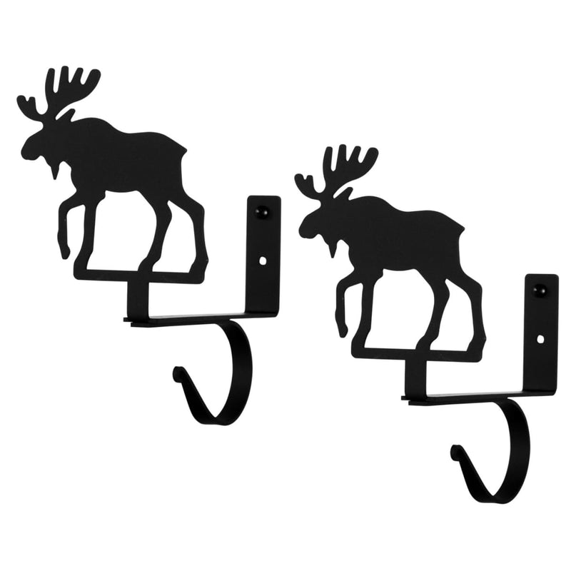 Pair of Moose Curtain Shelf Brackets in black metal with moose silhouette design, ideal for rustic home decor and curtain rod support.